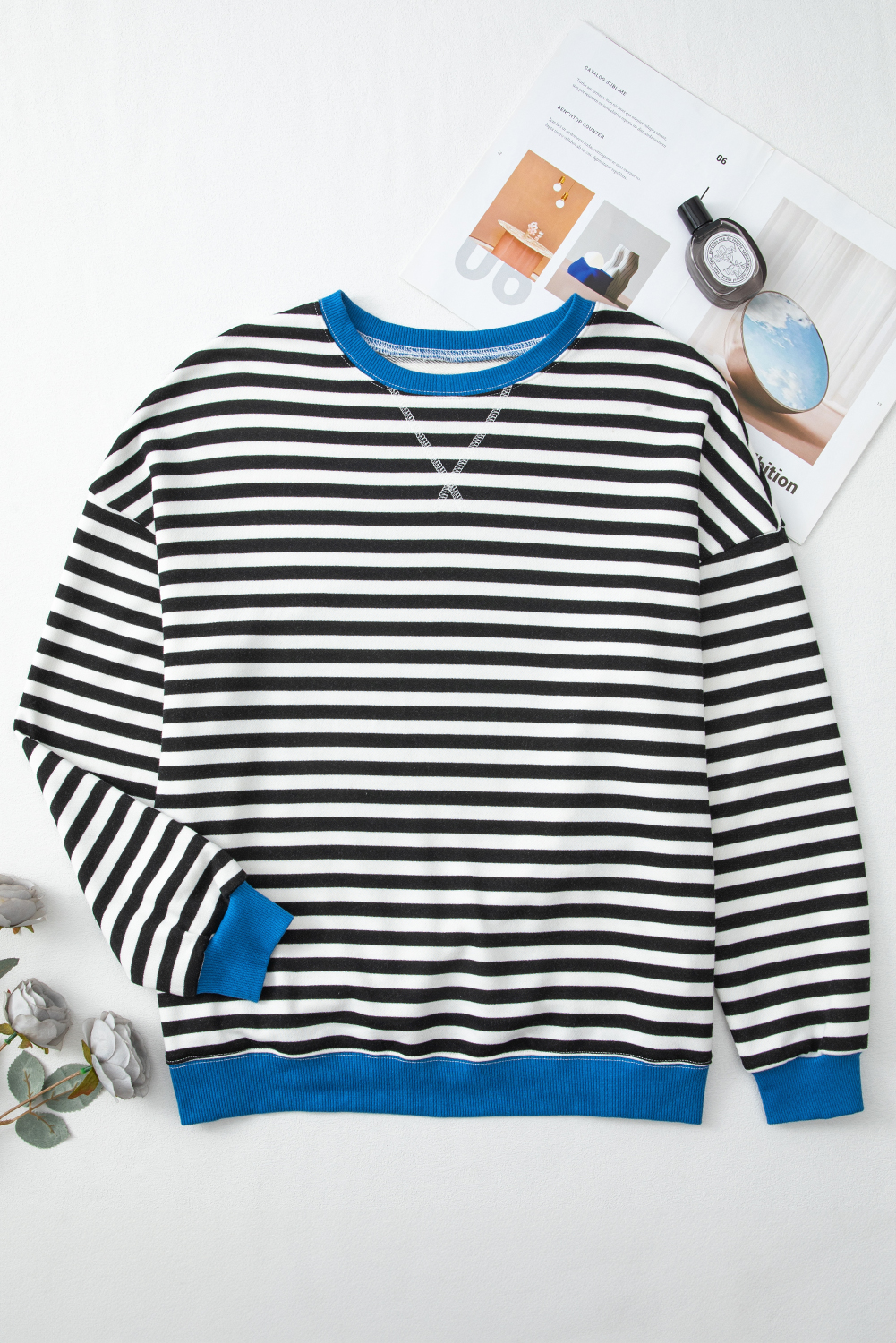 Red Stripe Contrast Ribbed Trim Crossed Stitch Drop Shoulder Sweatshirt