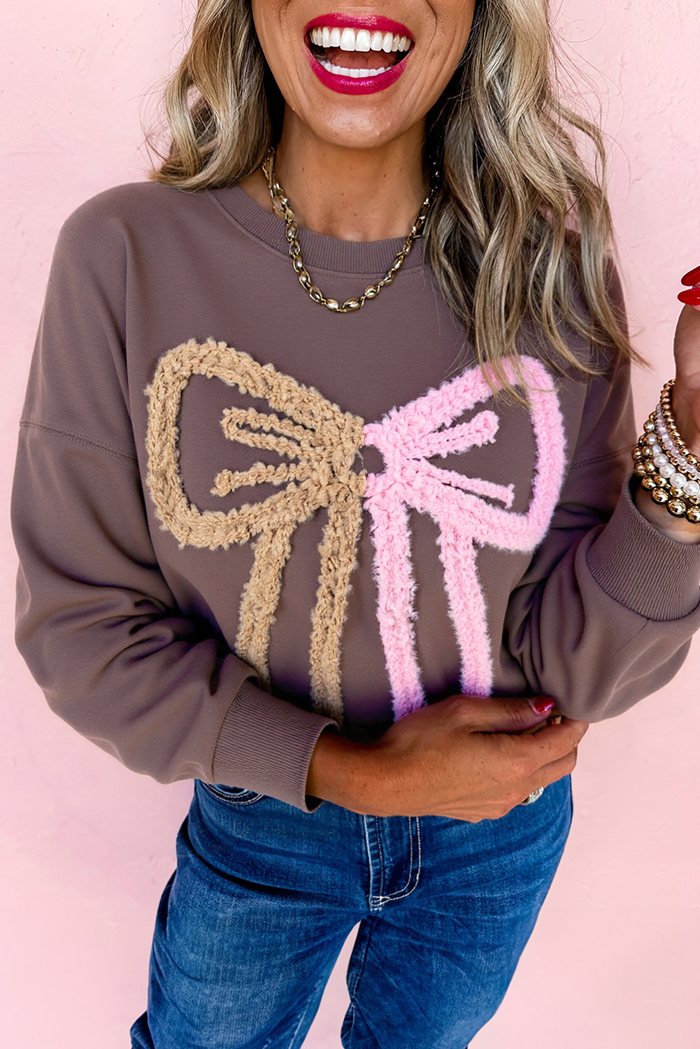 Dark Khaki Contrast Terry Bow Pattern Drop Shoulder Sweatshirt