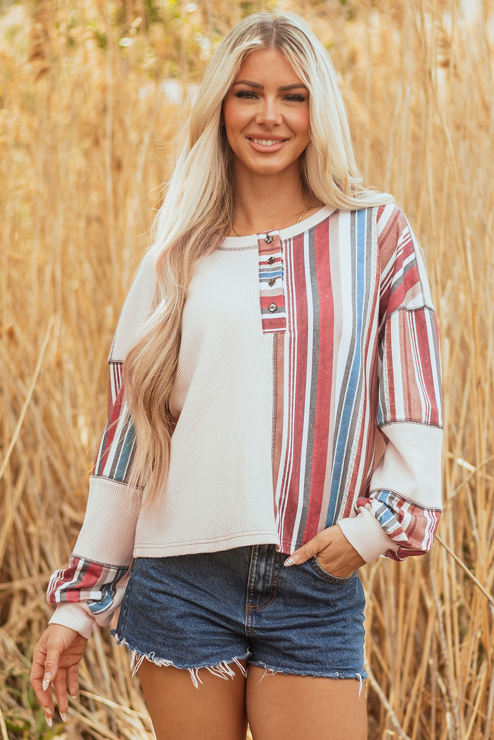 Beige Striped Waffle Patchwork Exposed Seam Raw Edge Casual Knit Top