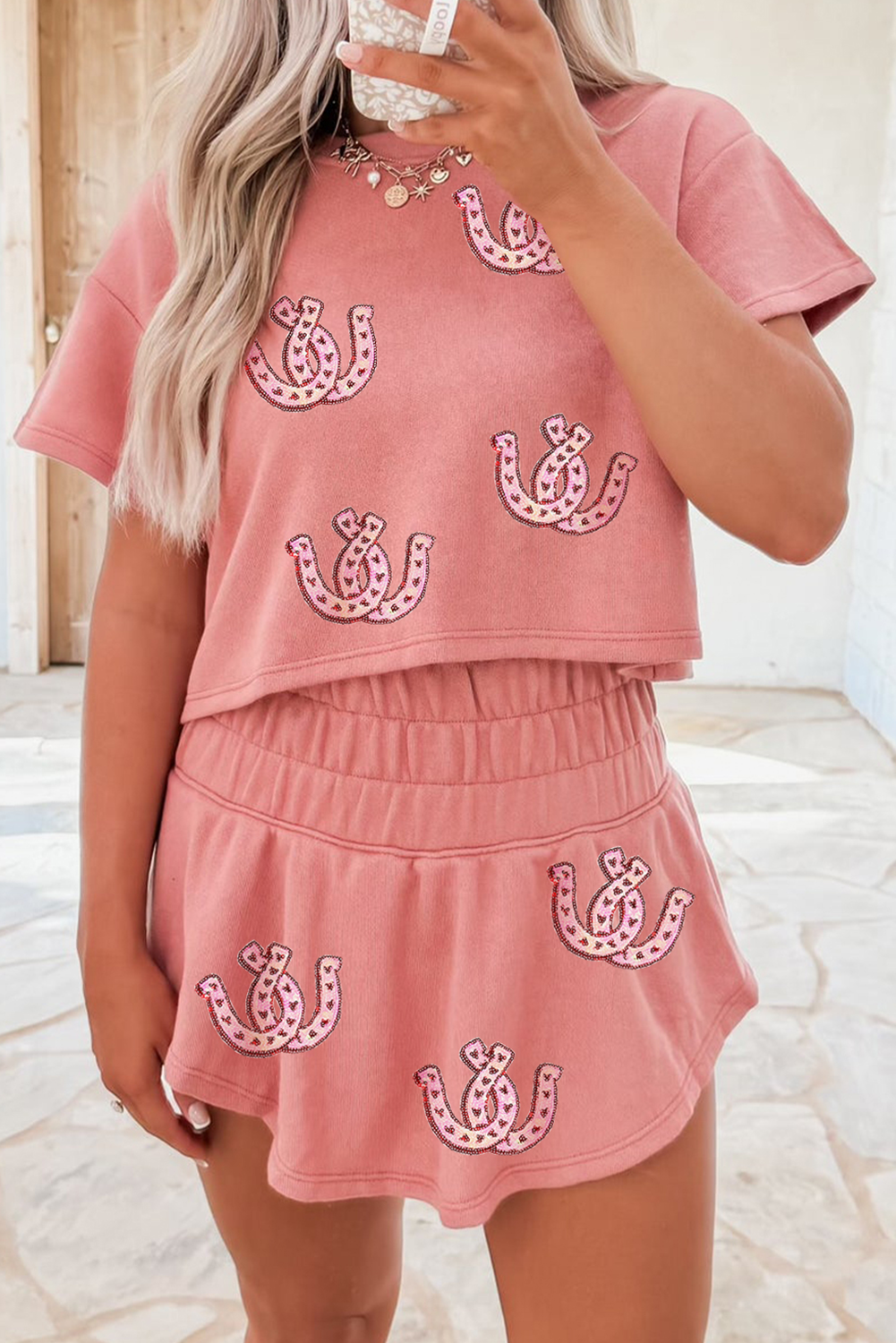 Blossom Sequin Horse Shoe Cropped Tee and High Waist Skort Set