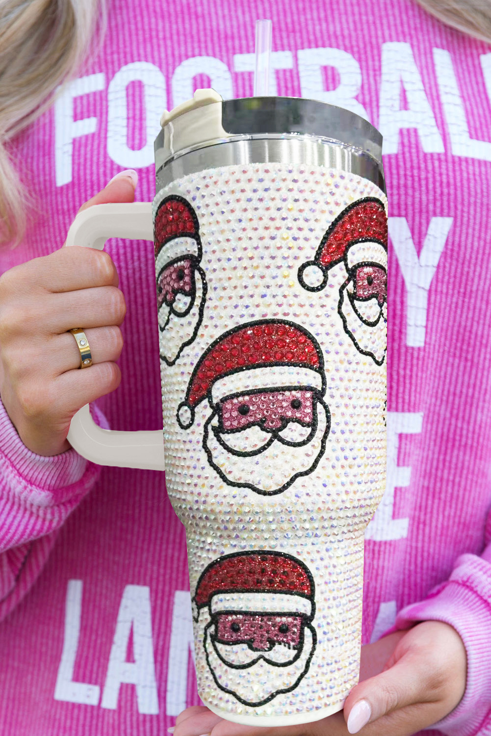 White Christmas Santa Claus Diamond Thermos Cup with Straw 40oz
