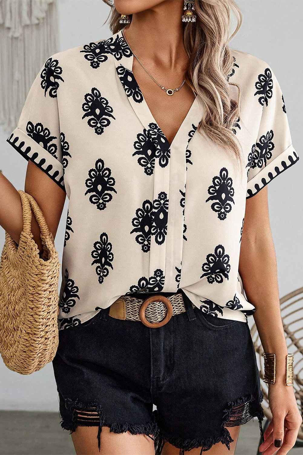Beige Geometric Printed Sleeveless Hollowed Bowknot Back Mini Dress