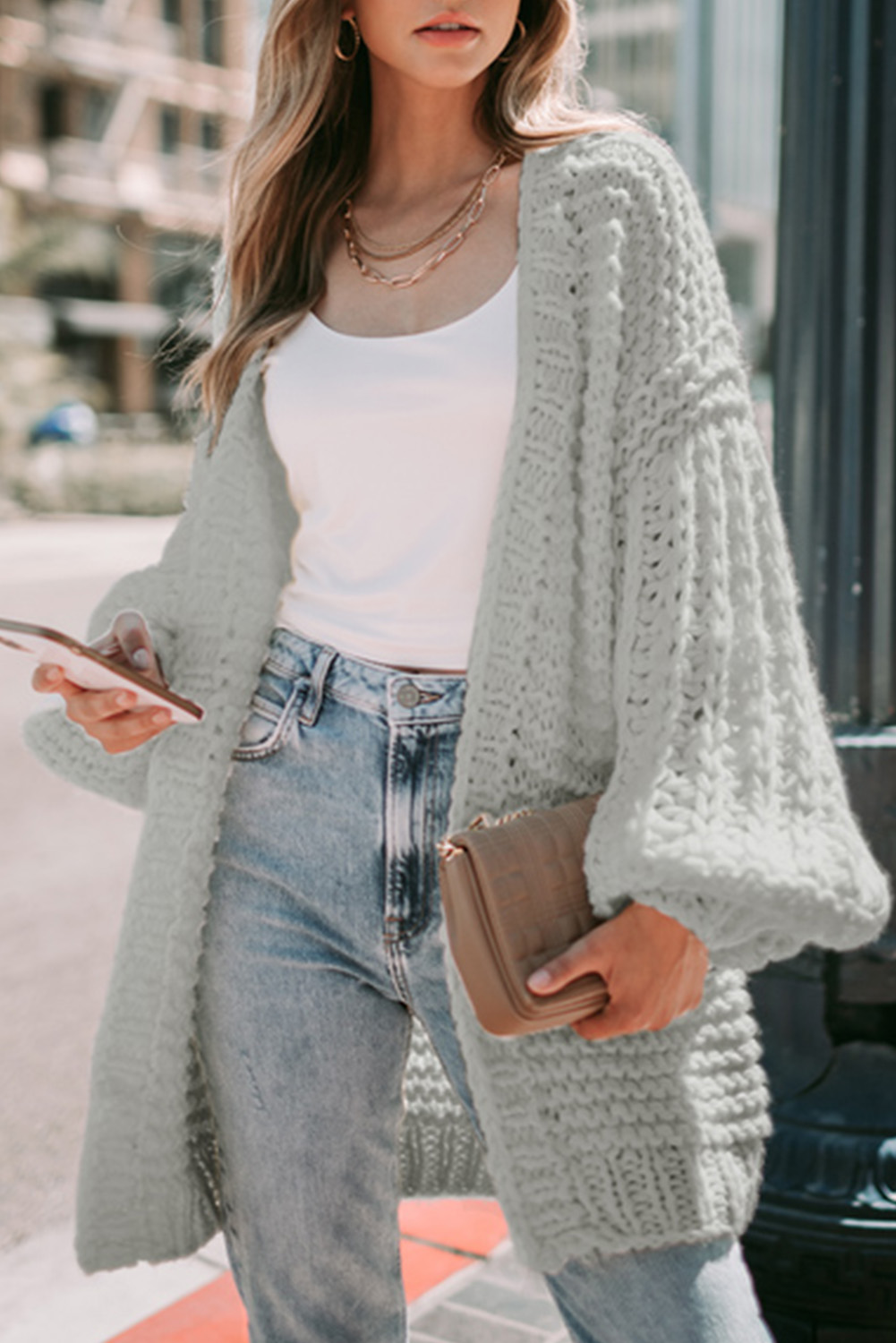 Gray Chunky Oversize Knit Drop Shoulder Puff Sleeve Cardigan