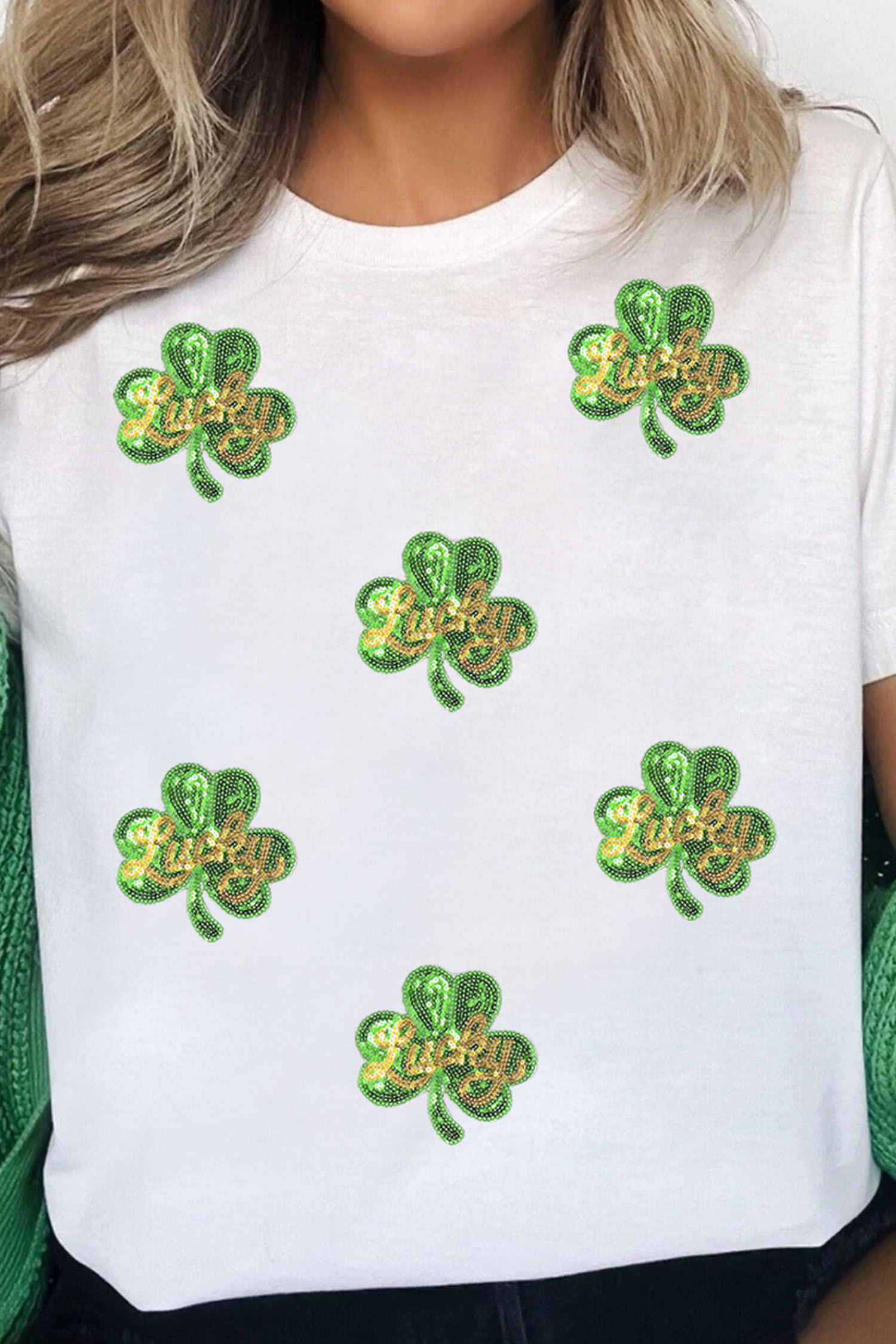 White Sequin Lucky Clover Patched Casual Round Neck Tee