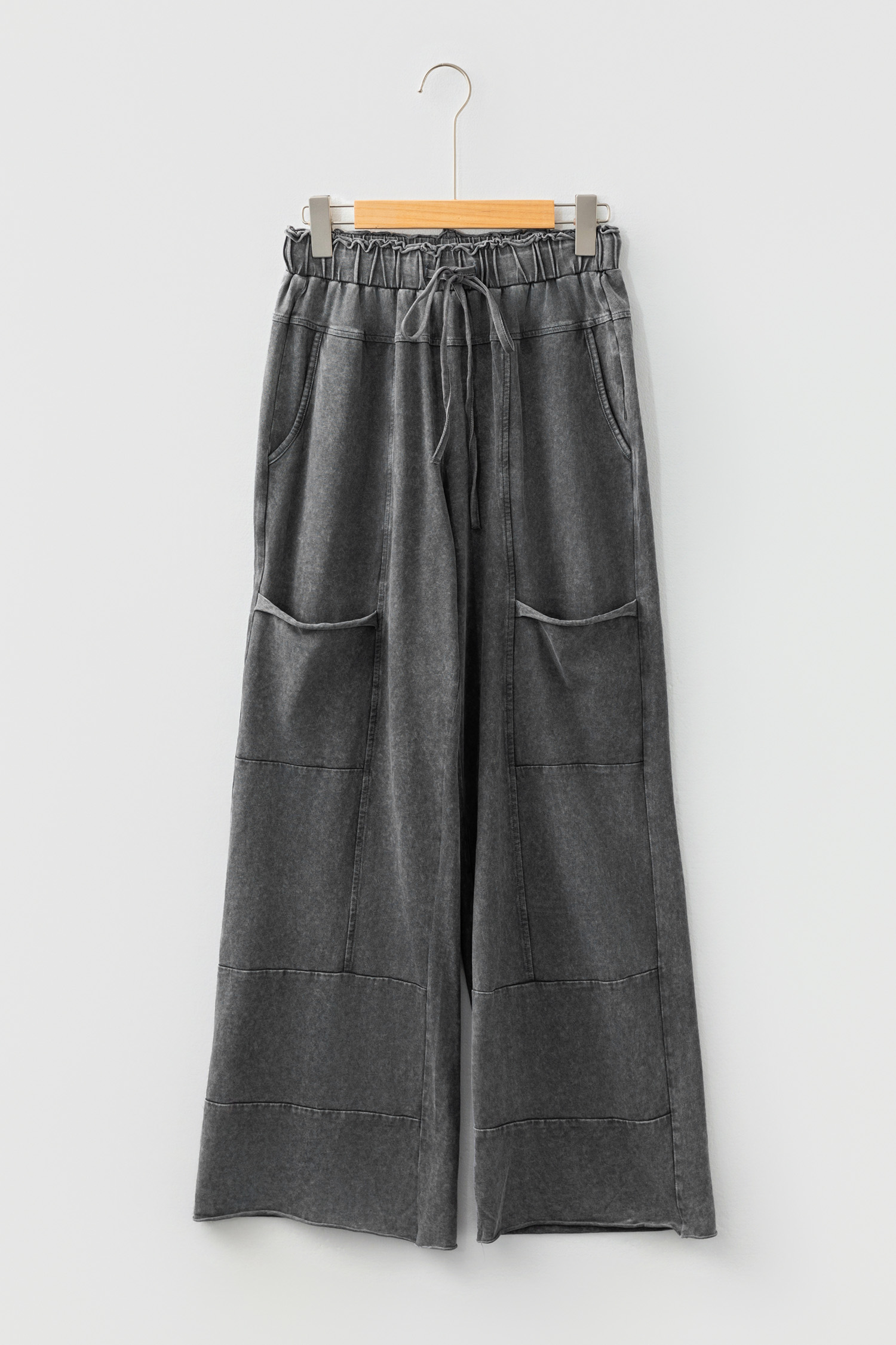 Lapis Mineral Wash Lace-up High Waist Raw Hem Patched Pocket Pants