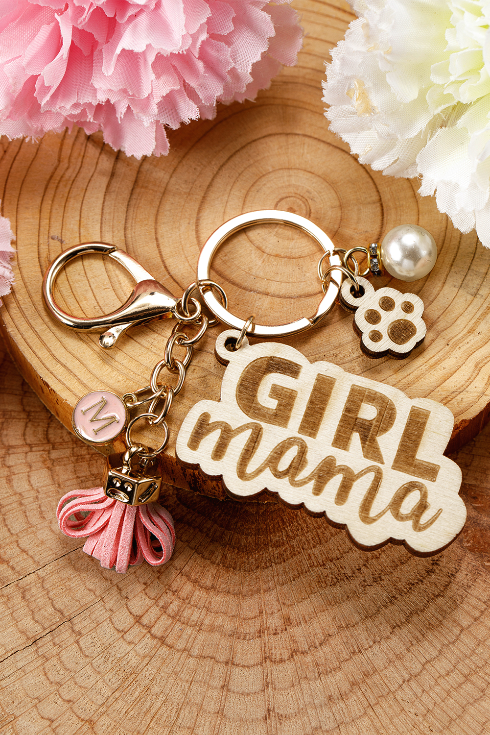 Pink Girl Mama Dog Claw Pearl Tassel Keychain