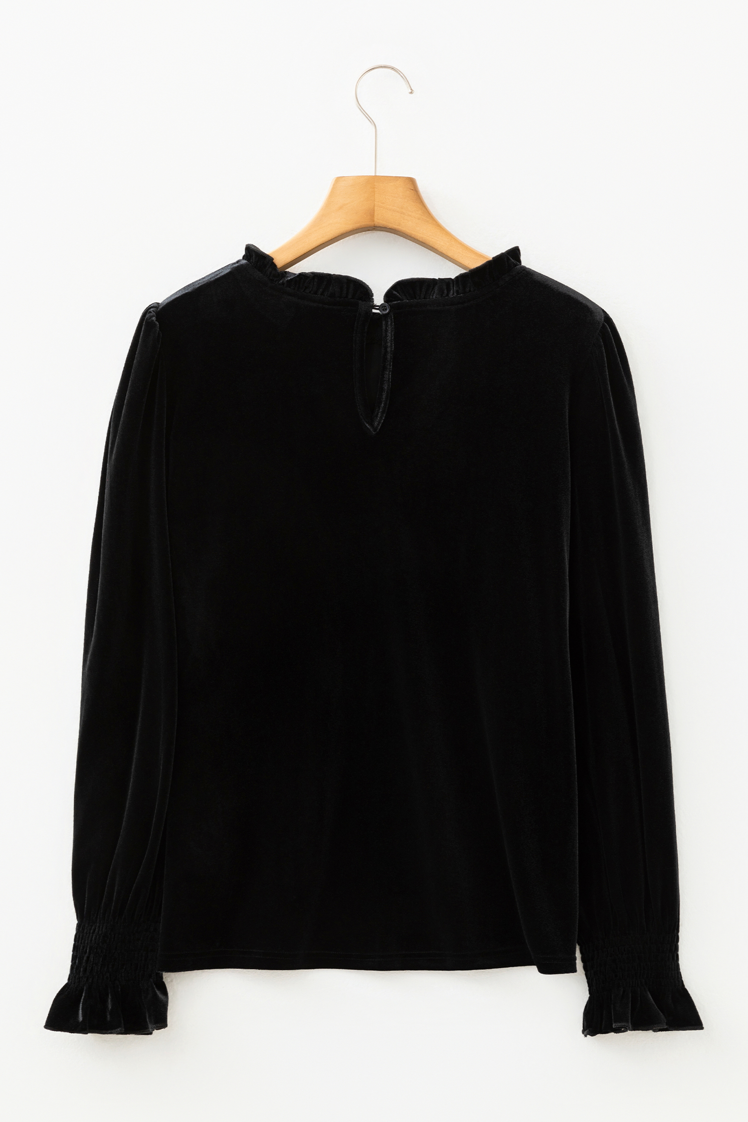 Black Frilled Collared Smocked Cuffs Puff Sleeve Velvet Blouse
