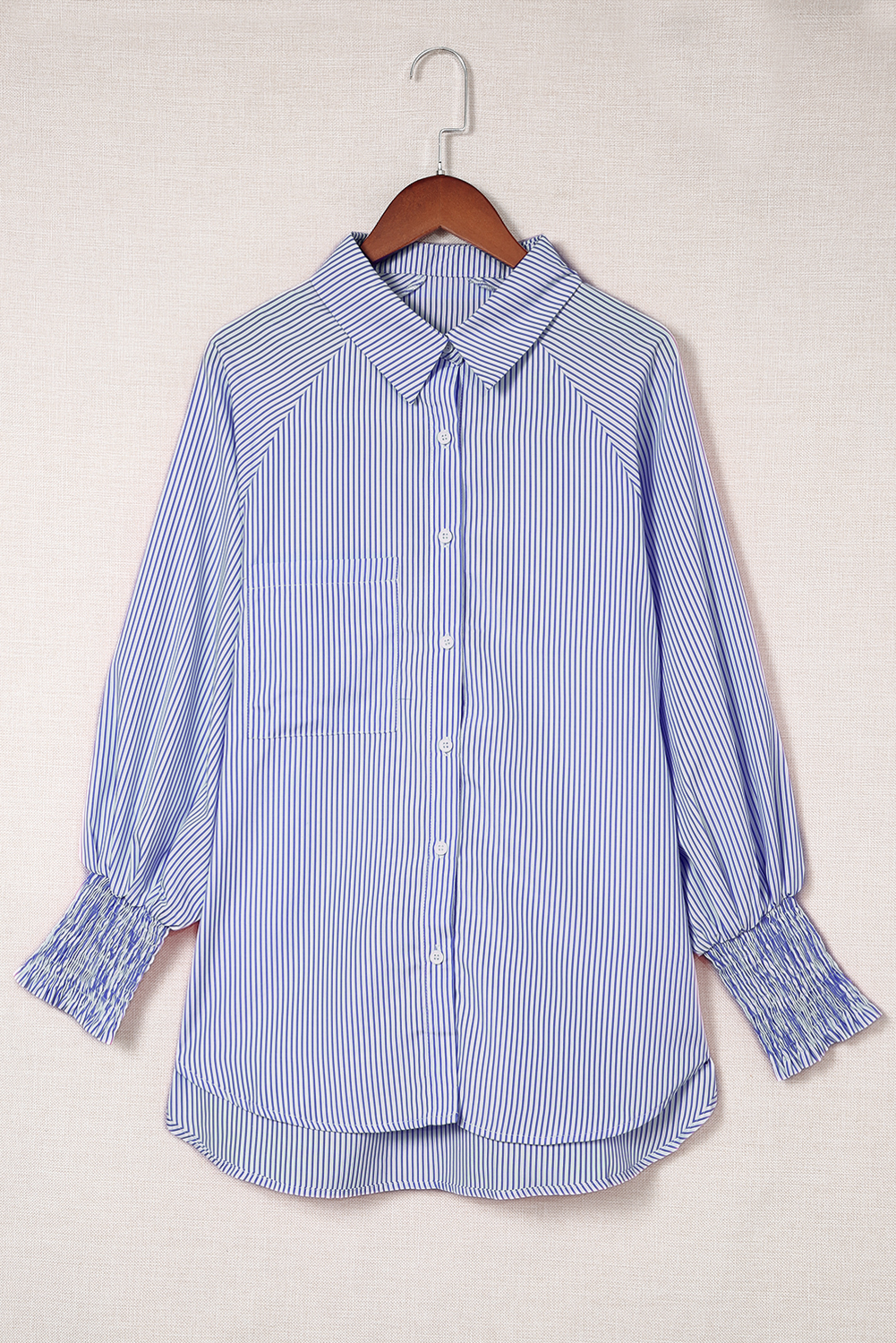 Red Stripe Smocked Cuffed Striped Boyfriend Shirt with Pocket