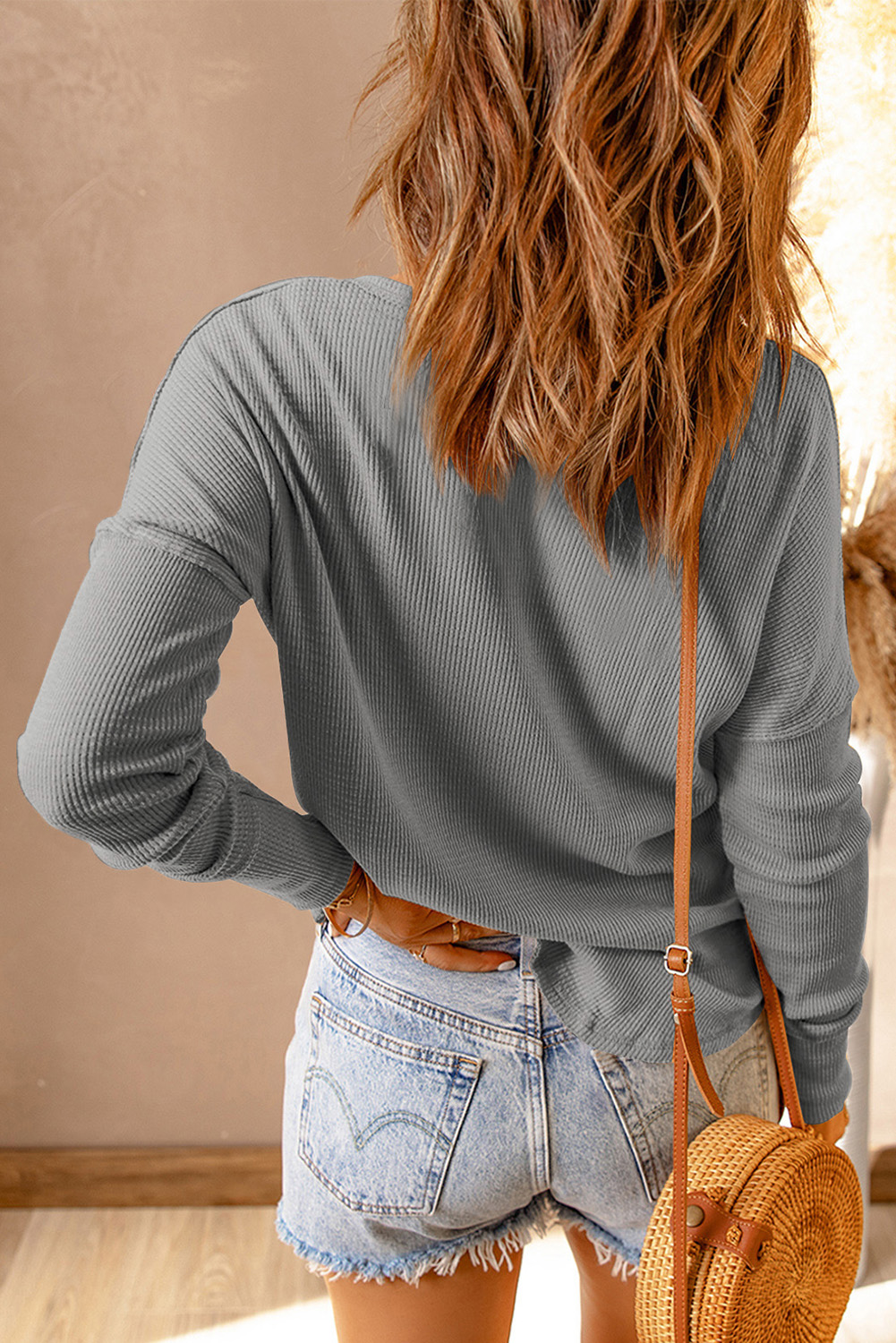 Black Waffle Knit Henley Top