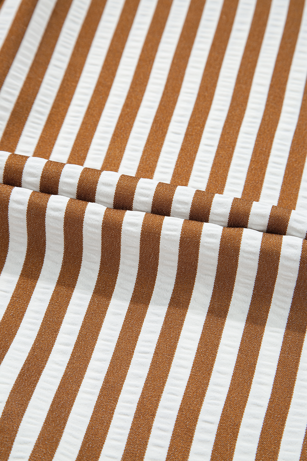 Brown Stripe Ruffled Hem Collared Long Sleeve Shirt Mini Dress