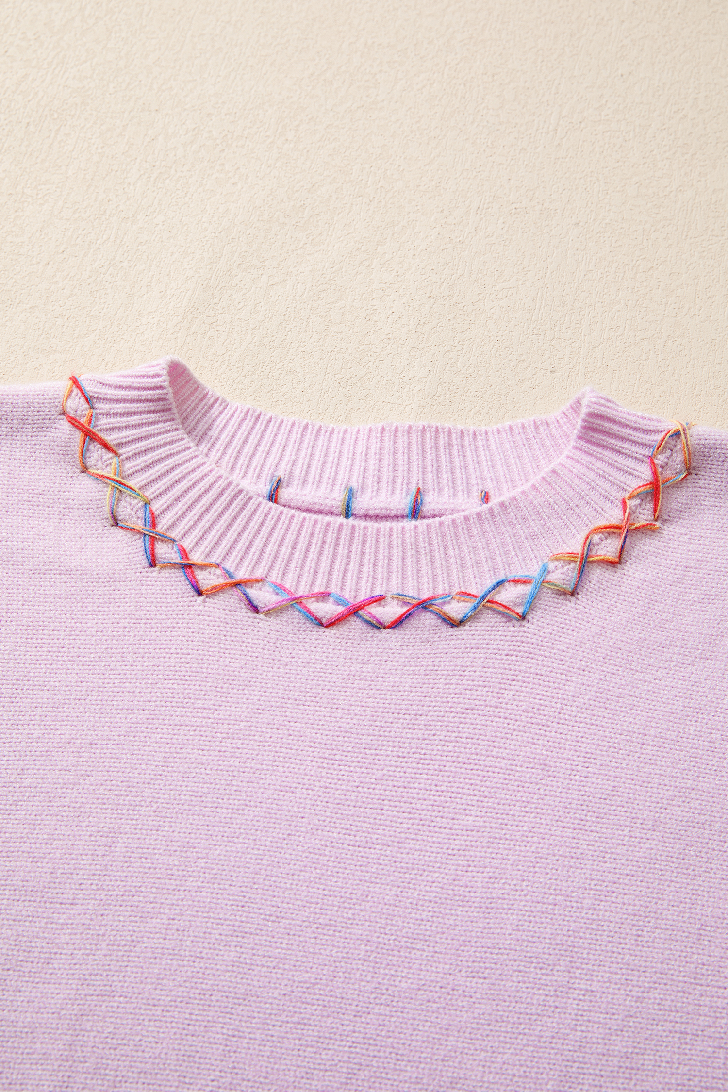 White Rainbow Stitching Balloon Sleeve Relaxed Sweater