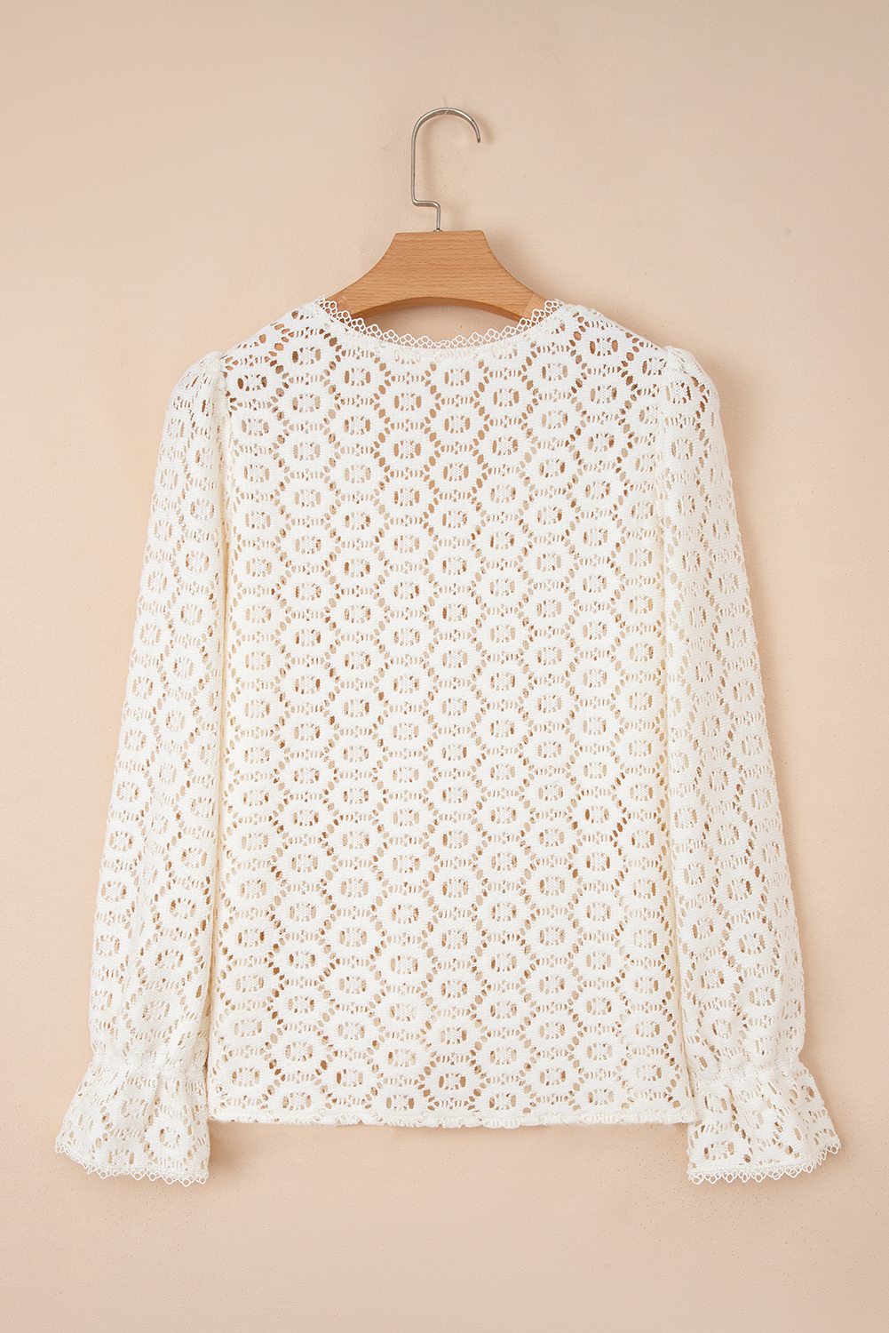 Beige Flower Lace V Neck Ruffled Sleeve Top