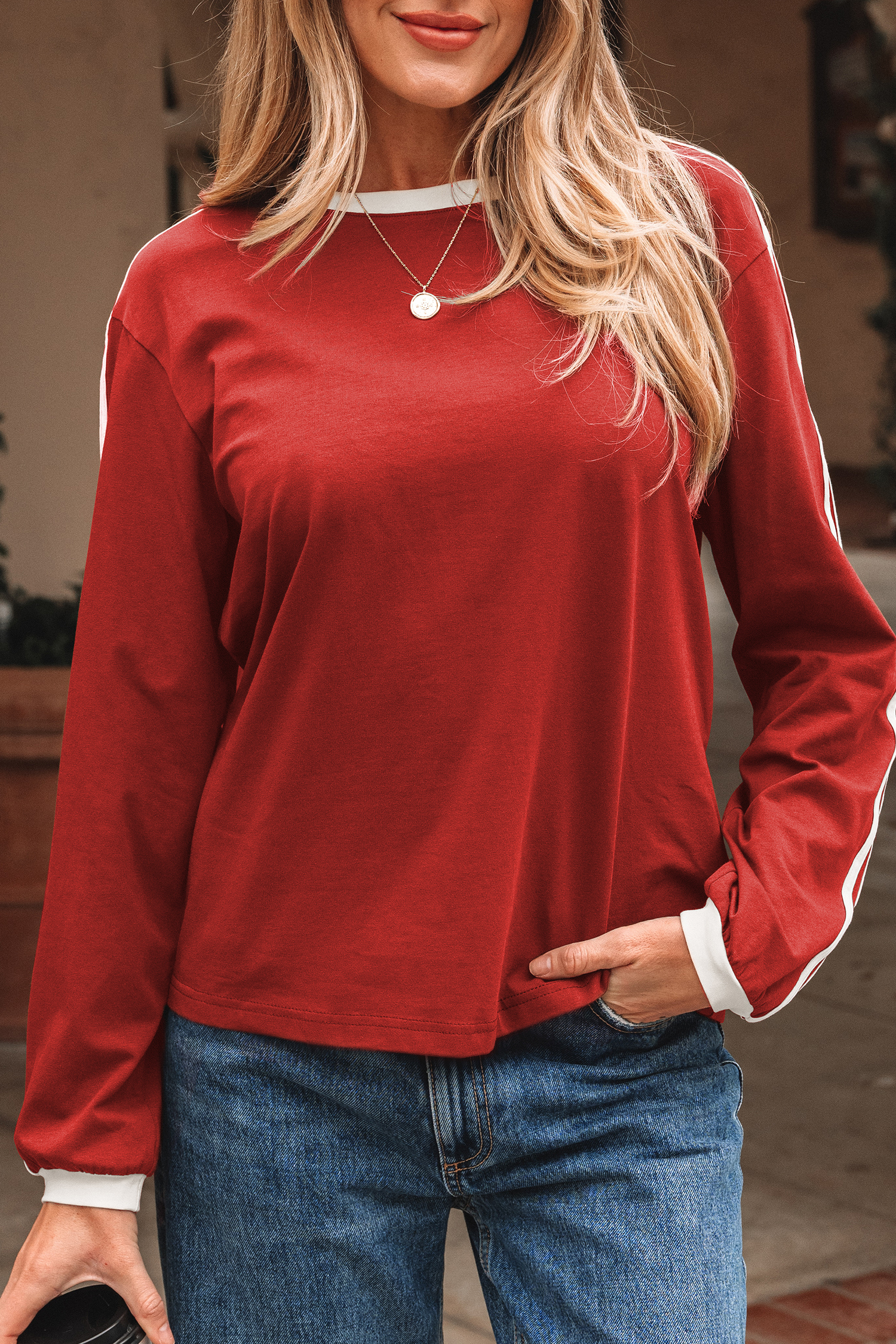 Dark Brown Varsity Striped Accent Contrast Crew Neck Long Sleeve T Shirt